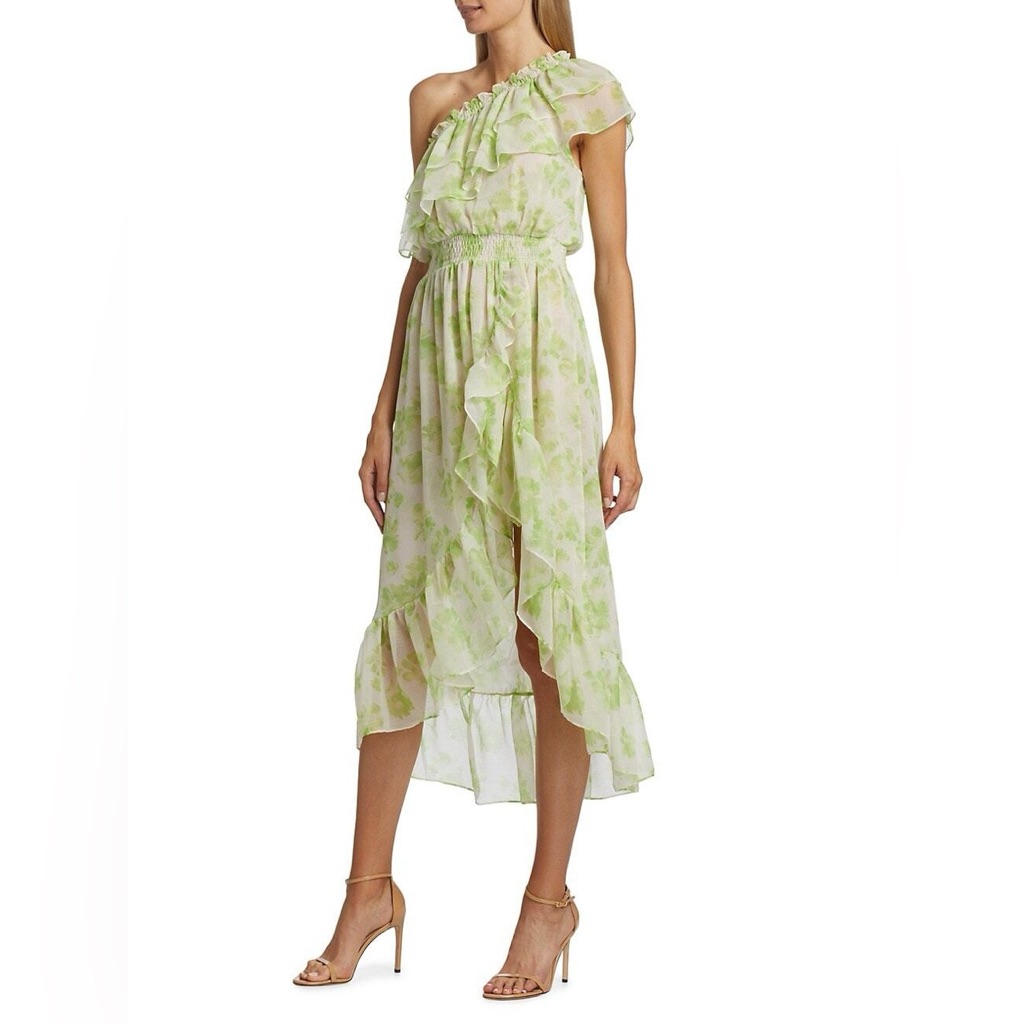 Misa Los Angeles Green And White One Shoulder Dress